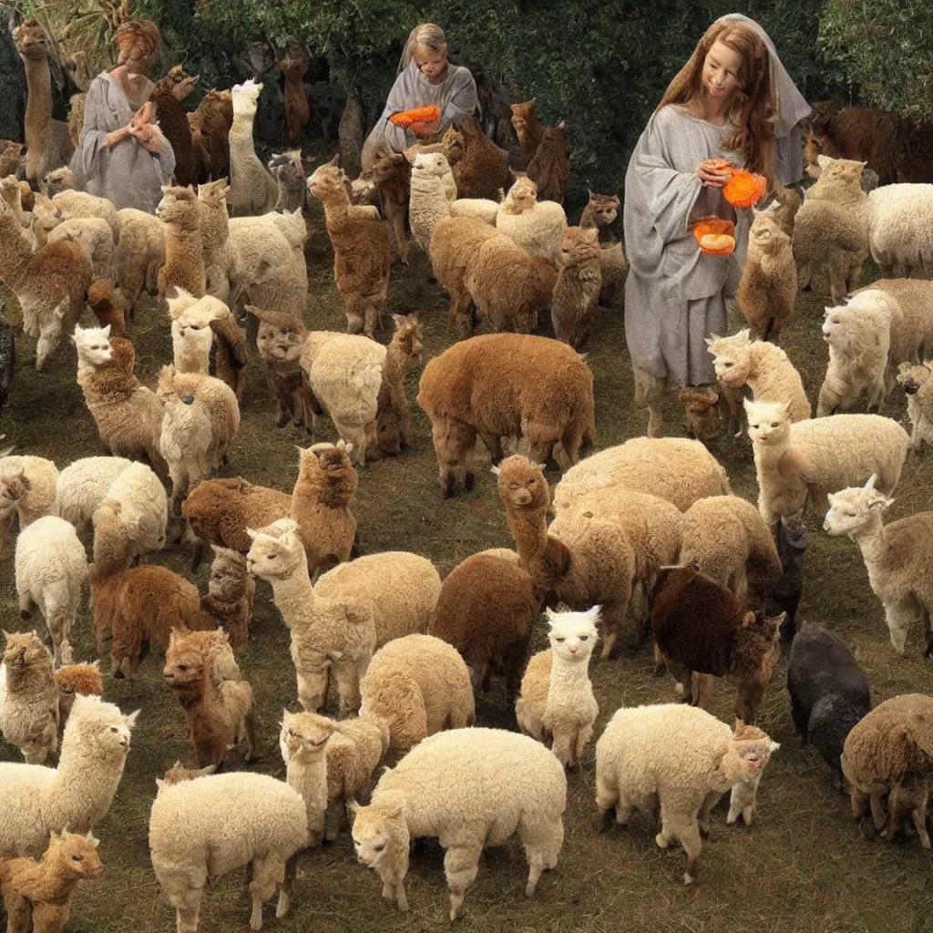 Image similar to Cat Jesus feeding 5000 alpacas with two fish and a tangerine