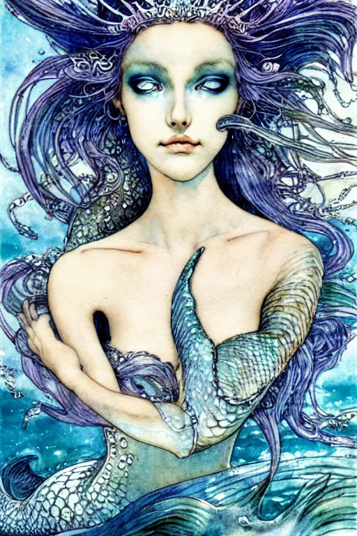 Image similar to mermaid queen closeup face surrounded by swirling water, art by luis royo and walter crane and kay nielsen, watercolor illustration, sharp focus