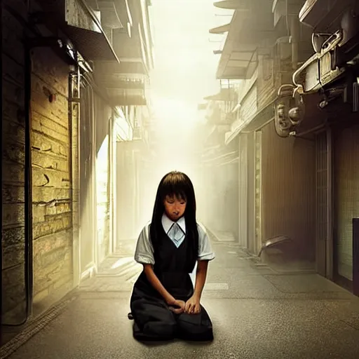 Prompt: perfect, realistic oil painting of japanese schoolgirl kneeling, in sci-fi dystopian alleyway, by an American professional senior artist, Hollywood concept, dynamic composition and motion, postproduction.