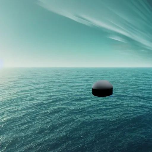 Image similar to a grey-black cube inside a translucent sphere, hovering over the ocean, ufo, 8k