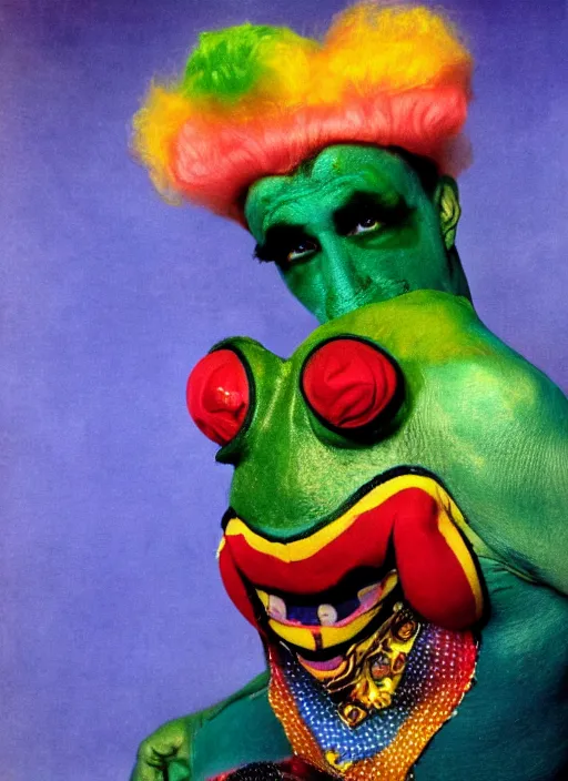 Prompt: Clown Frog King, clown world, clown makeup and rainbow wig, portrait by Frank Frazetta