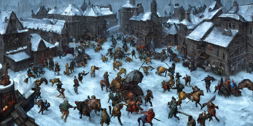 Image similar to RTS gameplay third person in style of Brueghel paintings, painting, Stronghold strategy gameplay, high detailed,dark fantasy, dark tones, medieval, snow, buildings, castle, armored units, cavalry,RPG, high detailed, contrast, octane render,mill, farm, creative