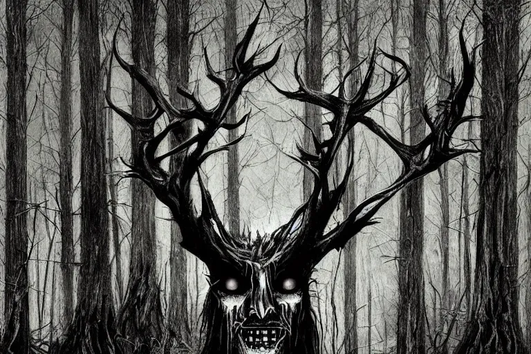 Prompt: mad wendigo in grim forest artwork by ben templesmith