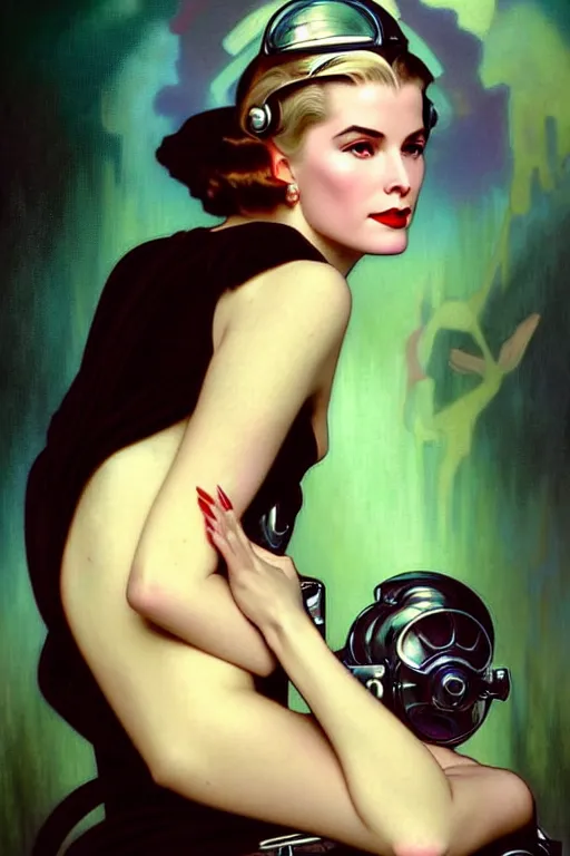 Image similar to young and beautiful evil cyborg grace kelly by future steichen in the style of tom bagshaw, alphonse mucha, gaston bussiere, cyberpunk. anatomically correct elegant cybernetic body mods. extremely lush detail. masterpiece. melancholic scene infected by night. perfect composition and lighting. sharp focus. high contrast lush surrealistic photorealism. sultry evil plan.