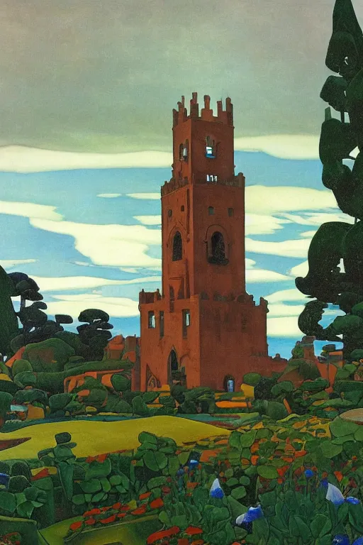 Image similar to view of the old tower and its gardens after a storm, tall windows lit up, beautiful ornamental architecture, dramatic cinematic lighting, rich colors, by Nicholas Roerich and and Caspar David Friedrich and April Gornik and William Dyce and ((Diego Rivera)), smooth, sharp focus, extremely detailed, featured on artstation
