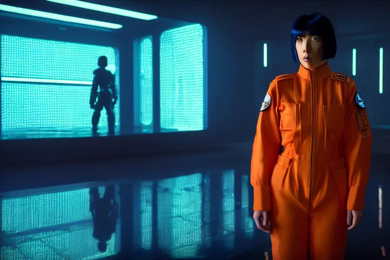 Prompt: major motoko wearing an orange prison jumpsuit, a giant blue hologram of a screaming child in the background, photography by fred palacio medium full shot still from bladerunner 2 0 4 9, sci fi, bladerunner, canon eos r 3, f / 3, iso 2 0 0, 1 / 1 6 0 s, 8 k, raw, unedited