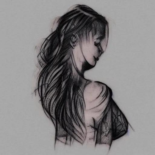 Image similar to tattoo design sketch of a beautiful girl standing against a faded background of beautiful mountain scenery, hyper realistic