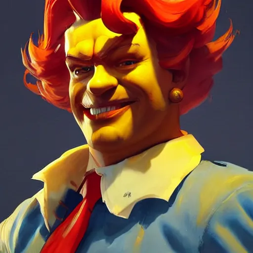 Image similar to greg manchess portrait painting of ronald mcdonald as overwatch character, medium shot, asymmetrical, profile picture, organic painting, sunny day, matte painting, bold shapes, hard edges, street art, trending on artstation, by huang guangjian and gil elvgren and sachin teng