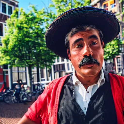 Image similar to mexican man wearing a sombrero looking confused in amsterdam, pixar