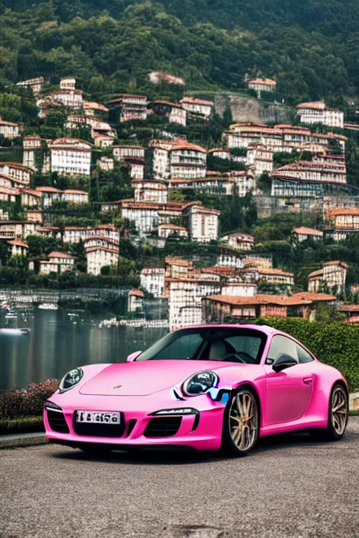 Prompt: Photo of a pink Porsche 911 Carrera 3.2 parked on a dock with Lake Como in the background, wide shot, photo print, golden hour, daylight, vibrant, volumetric lighting, award winning
