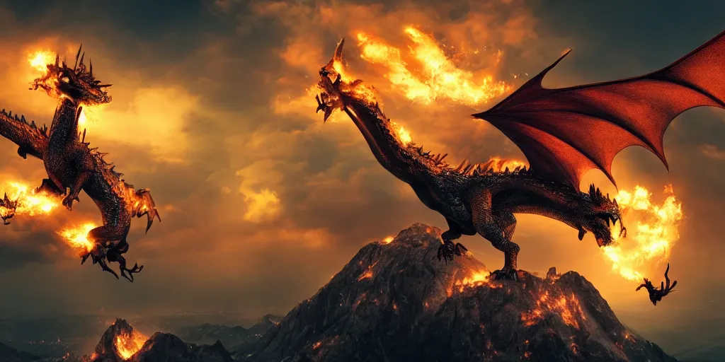 Prompt: One dragon with half open wings breathing fire on the top of a mountain, epic composition, detailed and intricate image, cinematic, 4K