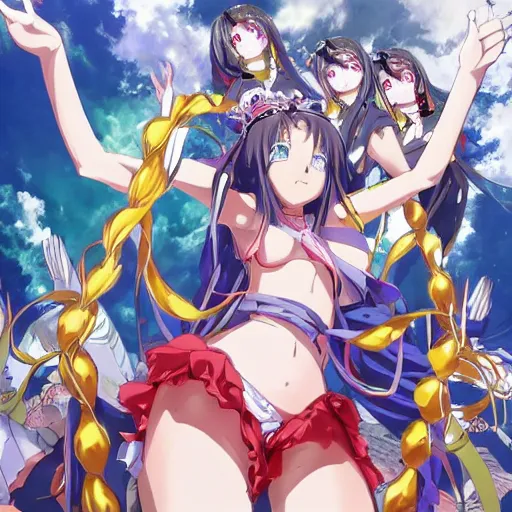 Image similar to Key Anime Visual a 50 foot tall giant anime girl goddess surrounded by a group of worshippers, wlop