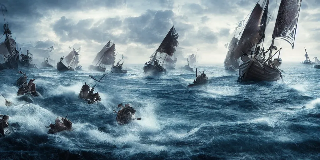 Image similar to An Epic viking sea battle, realistic 4k octane beautifully detailed render, 4k post-processing, highly detailed, intricate complexity, epic composition, magical atmosphere, cinematic lighting, masterpiece, ultra hd