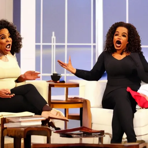 Image similar to Jordan Peterson screaming at Oprah who has hands in the air