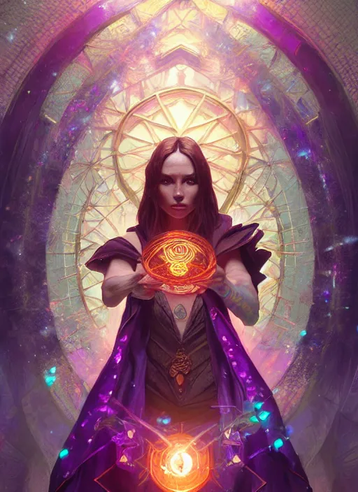 Image similar to Sorcerer casting spell, glyphs, magic, artstation, cgsociety, high contrast, rainbow colors, crystals, very detailed, intricate, detailed illustration, by artgerm and greg rutkowski and alphonse mucha, octane render, unreal engine, hyperrealism