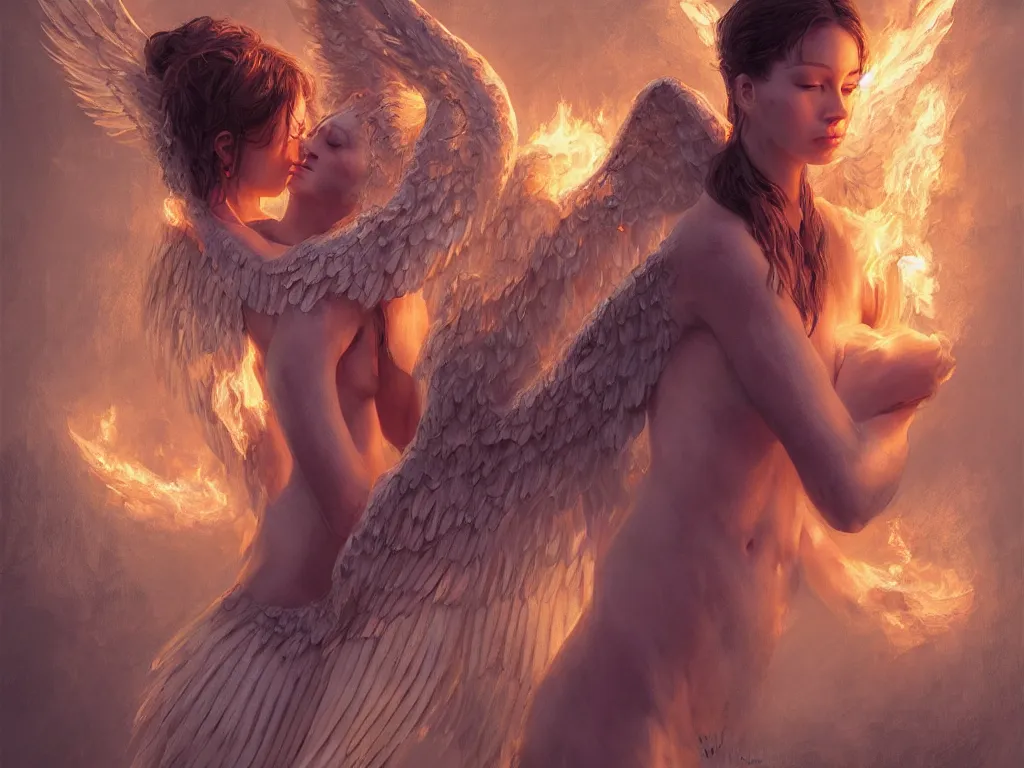 Image similar to angel holding a burning man in his arms, fantasy art, award winning, fantasy magic, intricate, elegant, sharp focus, cinematic lighting, highly detailed, digital painting, concept art, art by wlop and artgerm, masterpiece, trending on artstation, 8 k