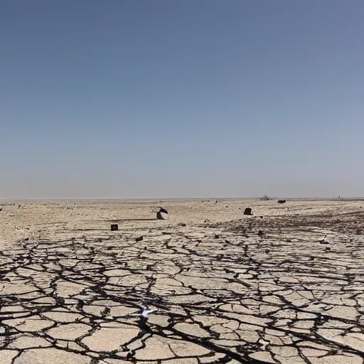 Image similar to apocalyptic beachside city, dried up oceans, desert everywhere, buildings covered in black tar