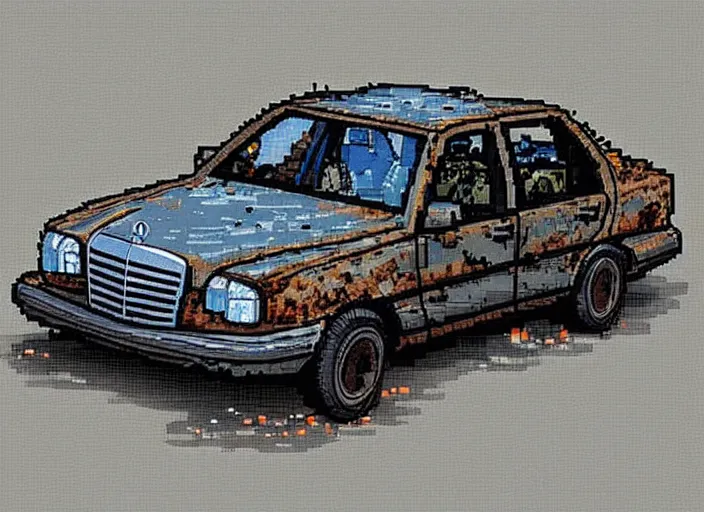 Image similar to burning wrecked mercedes 1 2 4, pixelart by kirokaze, award winning. dramatic. trending on artstation, low resolution sync, by monochrome game boy games