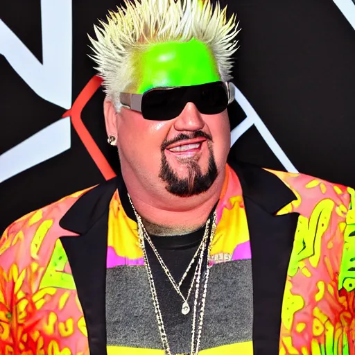 Image similar to guy fieri wearing a neon colored mesh crop top and pit vipers