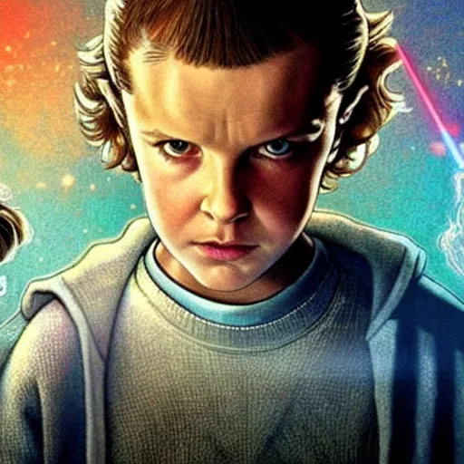 Image similar to Concept art, Eleven from 'Stranger Things' Season 3 (2019), with long hair, as Obi-Wan Kenobi, wearing Jedi robes, holding a lightsabre