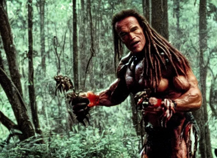 Image similar to polaroid movie still of arnold schwarzenegger in the movie predator fighting against zombie trump