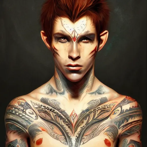 Image similar to portrait painting of an elven young man with short light orange hair and tribal tattoos on his face wearing fur armor, sharp focus, award - winning, trending on artstation, masterpiece, highly detailed, intricate. art by james ryman