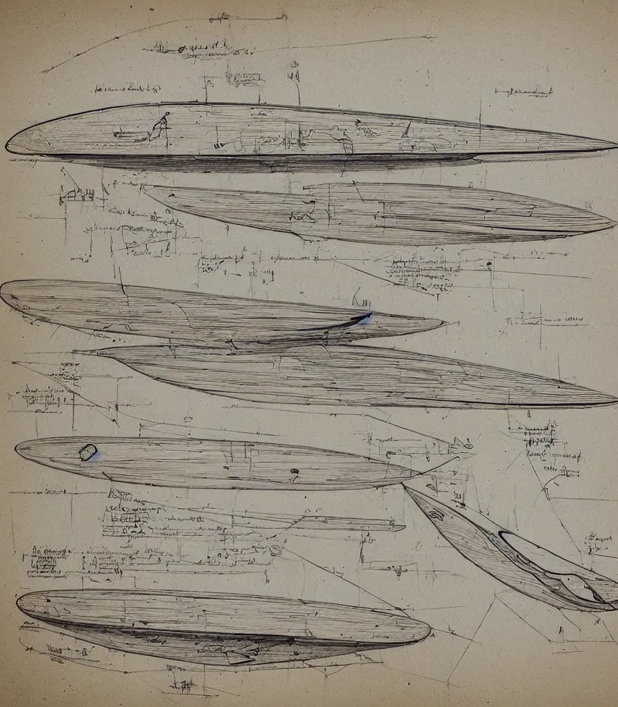 Image similar to blueprint sketch of a beautiful surfboard painted by leonardo da vinci, technical sketch, high detail, charocal drawing, firewire gofish