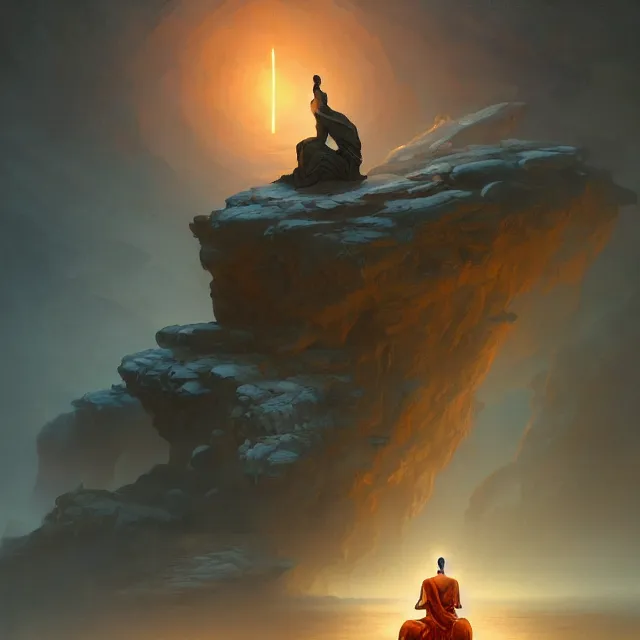 Image similar to in the style of peter mohrbacher, a glowing monk floating and meditating on a rock, dystopian landscape, intricate, masterpiece, award winning, fantasy, hyperrealism intricate