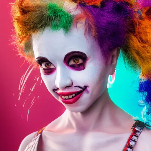 Prompt: full body pose, hyperrealistic mixed media painting of a flirty clown, dim volumetric lighting, 8 k, octane beautifully detailed render, extremely hyper detailed, intricate, epic composition, cinematic lighting, masterpiece, trending on artstation, very very detailed, masterpiece, stunning, hdr, smooth, sharp focus, high resolution, award, winning photo, dslr, 5 0 mm