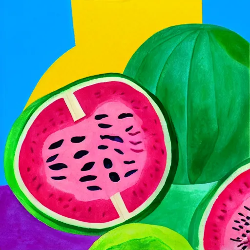 Image similar to retro, hd illustration of watermelons and lemons, mint leaves, inspired by watercolor masterpieces, matisse, malevich, david hockney, colorful, happy, trending on artstation, 4 k