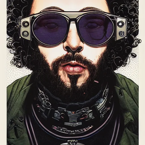 Prompt: portrait closup of crazy post malone with round digital sunglasses, symmetrical, by yoichi hatakenaka, masamune shirow, josan gonzales and dan mumford, ayami kojima, takato yamamoto, barclay shaw, karol bak, yukito kishiro