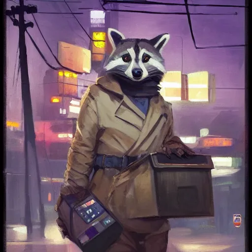 Image similar to greg manchess painting of a trash panda character, holding a box of cables and standing next to old electronic equiptment, medium shot, asymmetrical, profile picture, organic painting, night time, dark, neon lights, matte painting, bold shapes, hard edges, street art, trending on artstation, by huang guangjian and gil elvgren and sachin teng