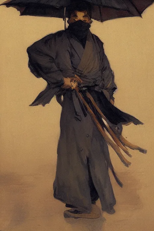 Image similar to portrit of a ninja on a rainy night by joaquin sorolla, greg rutkowski, hokusai