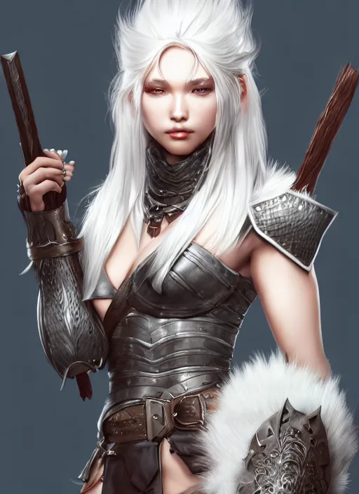 Image similar to barbarian, fur leather armor!!! beautiful and elegant white hair female!! gorgeous ayes!! character concept art, sharp focus, octane render! unreal engine 5! highly rendered!! trending on artstation!! detailed linework!! illustration by artgerm, wlop, and chie yoshii