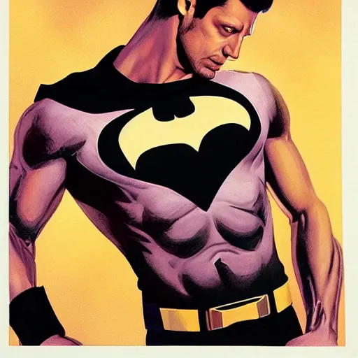 Image similar to young jeff goldblum as bruce wayne, muscular, batman t shirt, film still from chest up, joe jusko, boris vallejo