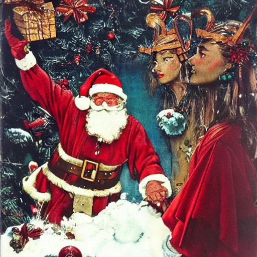Image similar to vogue designer Santa Claus Sacrificing the Elves to a Volcano God Altar norman rockwell