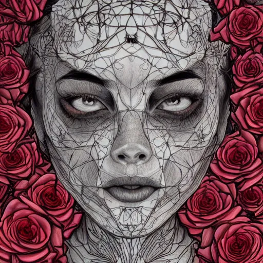 Image similar to the anatomy of a head of thorns with roses that resemble a beautiful young woman looking up, an ultrafine detailed illustration by james jean, intricate linework, bright colors, final fantasy, behance contest winner, vanitas, angular, altermodern, unreal engine 5 highly rendered, global illumination, radiant light, detailed and intricate environment