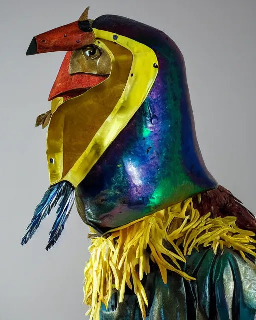 Image similar to maquette sculpture of a 7 foot tall giant chicken like prehistoric bird with iridescent feathers and wearing a yellow raincoat and gas mask. hyperreal