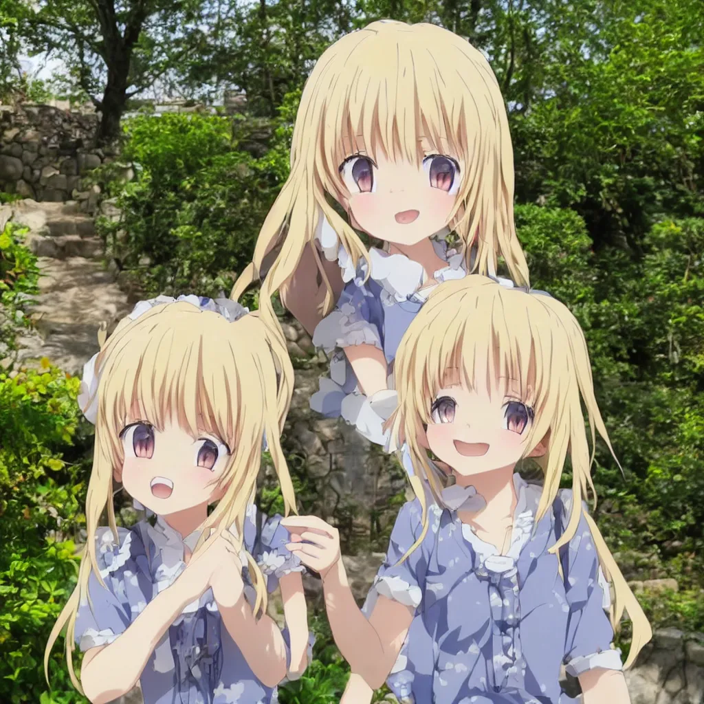 Prompt: close up portrait of a very cute blonde anime girl idol walking at the garden, mouth open, cheeky, in the style of anime, near a stone gate