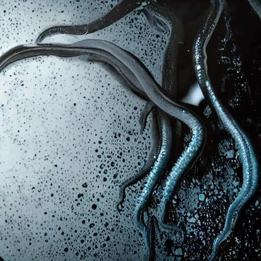 Prompt: tentacles emerging from deep darkness, small flecks in water, 4 k creepy