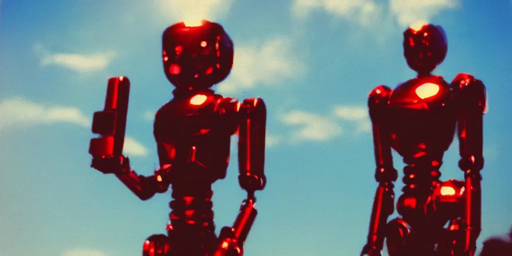 Prompt: analog polaroid photograph of a chrome female robot, vintage scifi, sheen, red reflections, unreal engine, azure sky, big clouds visible, sunlight, reflection, sparkles, lensflare, film grain, depth of field, color bleed
