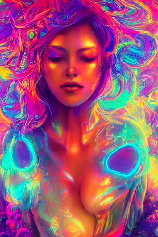 Image similar to a beautiful girl engulfed in colorful liquid clouds and neon smoke, colorful psychedelic experience, psilocybin, dmt, lsd, face, highly detailed, concept art, sharp focus, digital art by hana yata, and artem demura and beeple, lisa frank, cyberpunk, octane render, unreal engine, 8 k