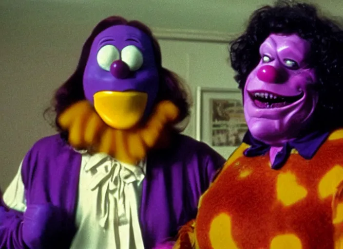 Image similar to film still of ronald mcdonald and grimace in a 1 9 8 0 s slasher movie