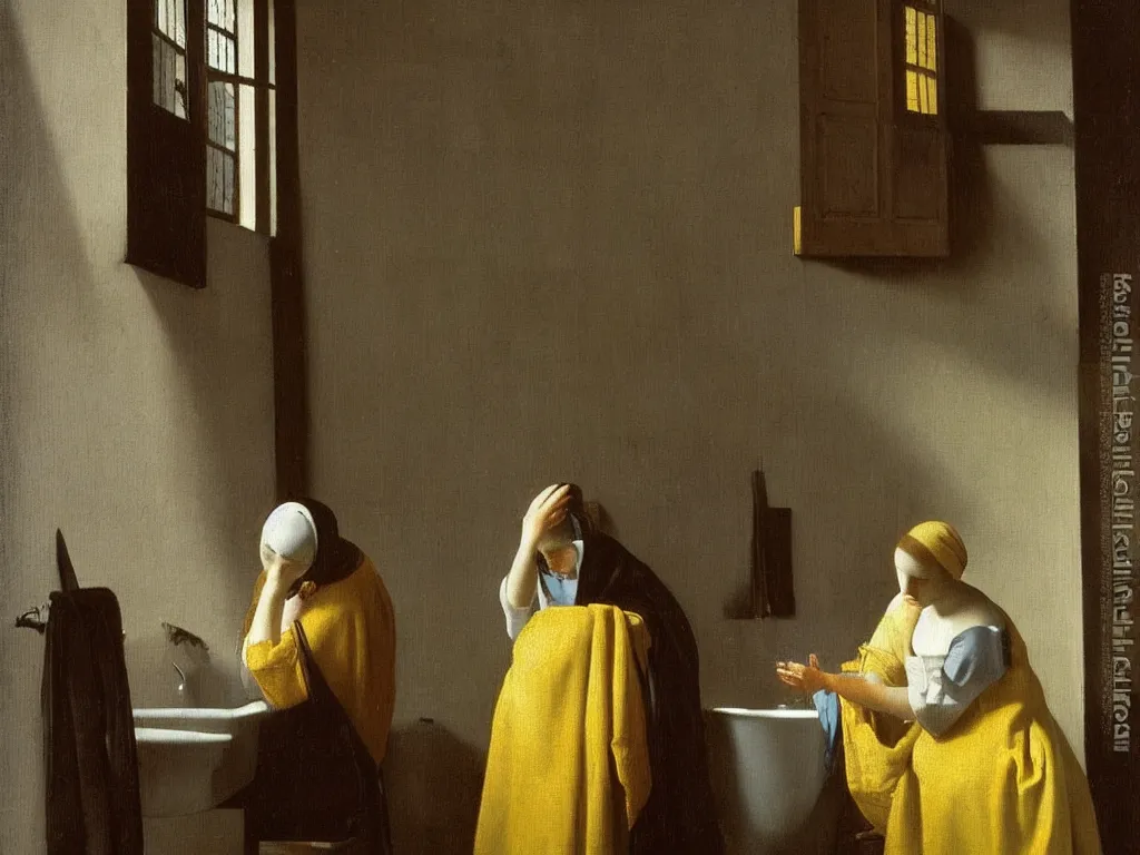 Image similar to Woman washing her hair in a water basin in an interior lit by the window. Painting by Vermeer