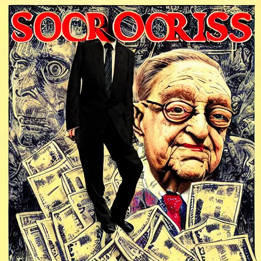 Image similar to George Soros full body shot, dollar bills Body horror, biopunk, by Ralph Steadman, Francis Bacon, Hunter S Thompson