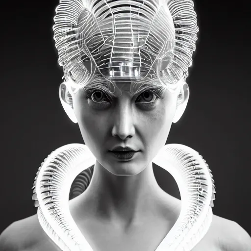 Image similar to closeup portrait of an absurdly beautiful, graceful, sophisticated, fashionable cyberpunk mechanoid gravure idol, ultrafine hyperdetailed illustration by irakli nadar, matt wisniewski style, marvel comics, intricate linework, porcelain skin, neon jellyfish headdress, ivory carved ruff, unreal engine 5 highly rendered, global illumination, radiant light, detailed and intricate environment