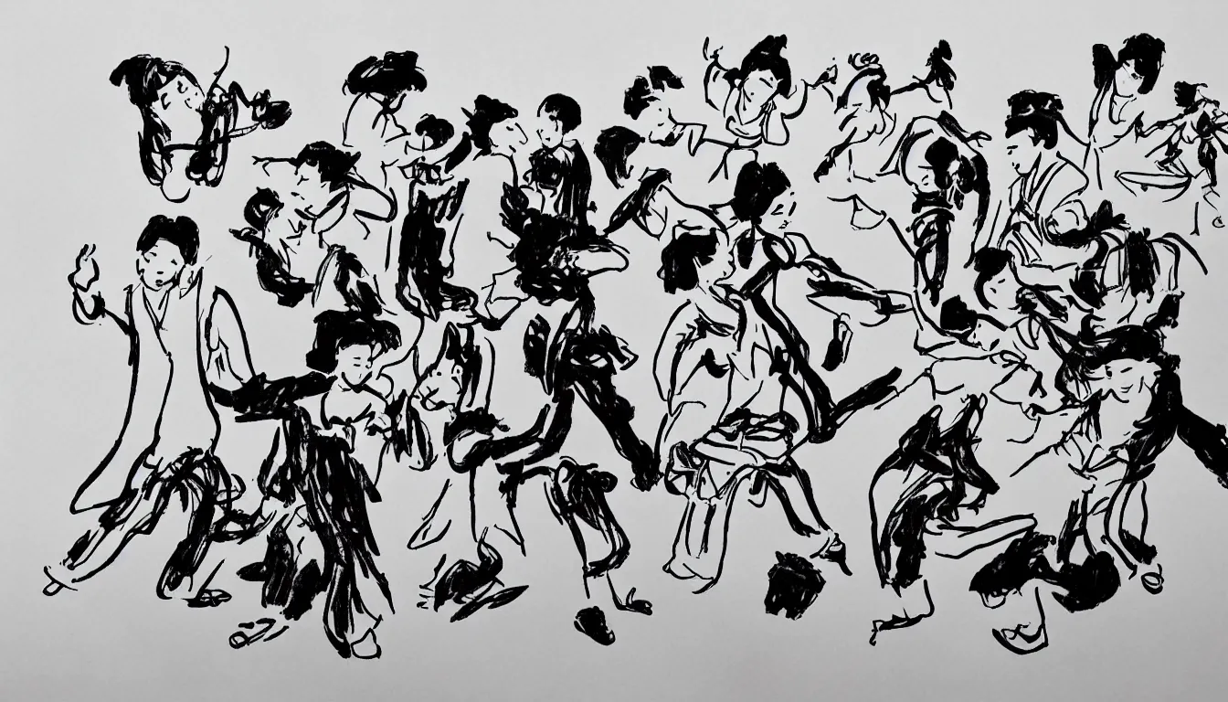 Prompt: dance party in traditional chinese ink brush