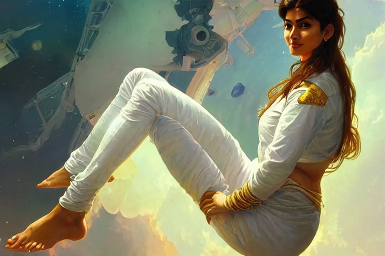 Image similar to Sensual good looking pale young Indian doctors wearing jeans in a space station above Earth, portrait, elegant, intricate, digital painting, artstation, concept art, smooth, sharp focus, illustration, art by artgerm and greg rutkowski and alphonse mucha