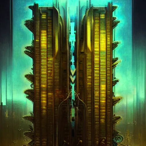 Image similar to extremely psychedelic beautiful brutalist architecture infected by night. intricate, elegant, highly detailed, extremely lifelike photorealistic digital painting, artstation. steichen, gaston bussiere, tom bagshaw, brutalist cyberpunk alphonse mucha. elegant minimalism. anatomically correct. sharp focus. black and gold. surreal lush cosmic hallucination