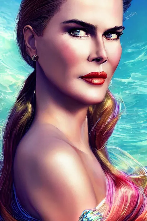 Image similar to mix of beautiful young maria shriver, mariel hemmingway, brooke shields, nicole kidman and elle macpherson as a mermaid, thin lips, hair tied up in a pony tail, darke blonde hair, colorful, artstation, cgsociety